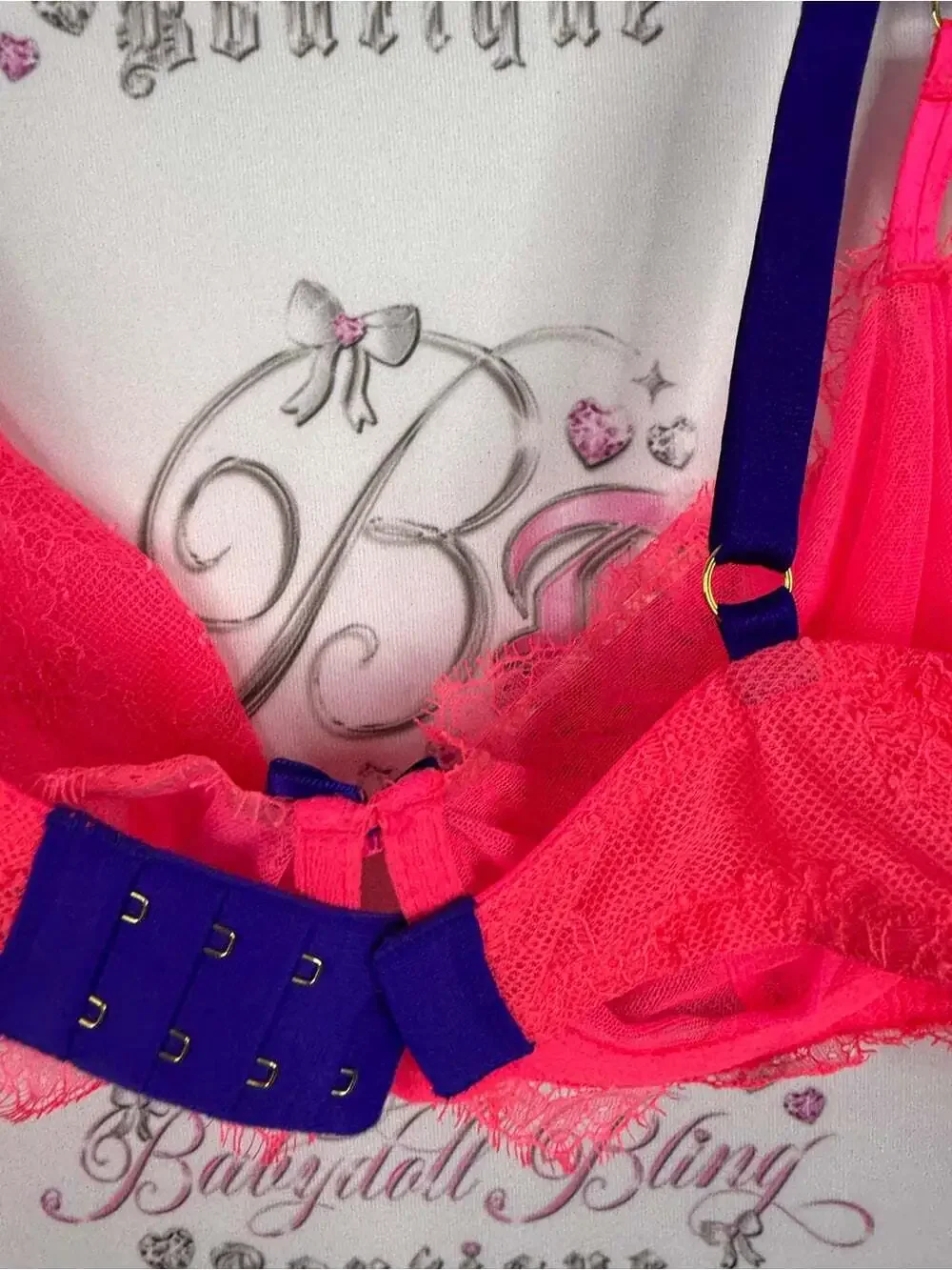 Victoria's Secret Neon Pink Lace Underwire Bra with purple Straps